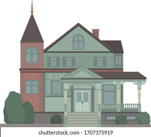 Beautiful Victorian mansion illustration Vector icon of huge house cute details 
 Old villa Natural colors green red brown grey Ideal for stickers, wallpaper, background, print, cards clip art