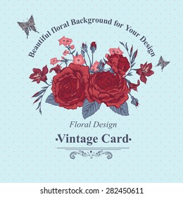 Beautiful Victorian Roses in Vintage Style for Invitation Cards, Summer Bouquet with Butterflies, Botanical Vector illustration