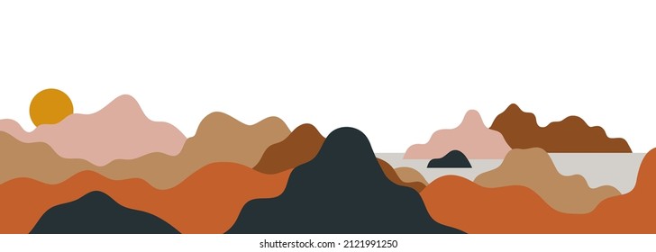 Beautiful view of abstract nature landscape on isolated white background. Modern minimalist wavy mountain environment with rocky beach coast and sunset.