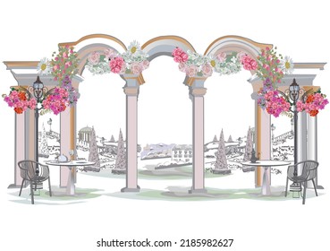 Beautiful view of an arch with a coffee table with cups and a coffee pot with lanterns and flowers in the park. Hand drawn vector illustration.