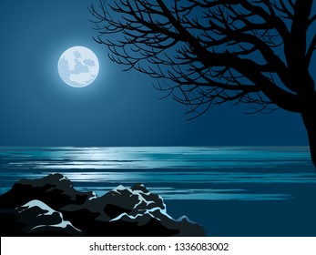 beautiful view of beach in moonlight illustration