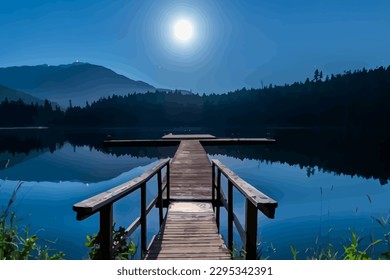 Beautiful View of Brown Wooden Pier at Night with the moon shining brightly