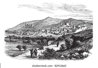 Beautiful view of buildings and mountain at Hebron vintage engraving. Old engraved illustration of buildings and mountain slope at Hebron, 1800s. Trousset encyclopedia (1886 - 1891).