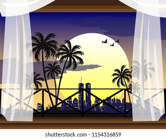 Beautiful view of bungalows, palm trees and beach near the sea. Vector illustration
