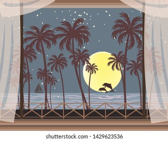 Beautiful view from bungalows, palm trees and beach near the sea. Vector illustration