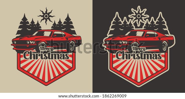 Beautiful View with Car on Front Sun Tree and\
Greetings Text Vintage Christmas Badge Design Illustration Isolated\
Vector