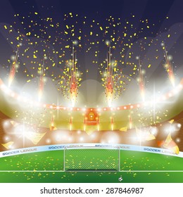 Beautiful view of a celebration in a soccer stadium. Vector illustration