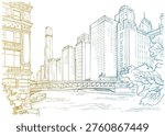 Beautiful view of Chicago. USA. Chicago river. Bridge. Colorful Urban sketch. Hand drawn urban landscape. Line Art. Ink Drawing. Vector illustration. Postcard style.
