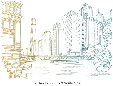 Beautiful view of Chicago. USA. Chicago river. Bridge. Colorful Urban sketch. Hand drawn urban landscape. Line Art. Ink Drawing. Vector illustration. Postcard style.