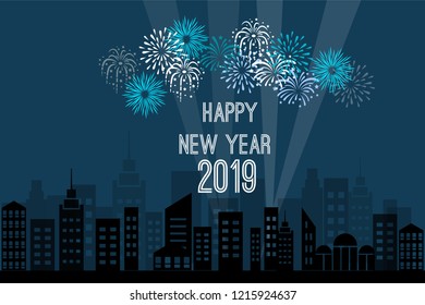 beautiful view of the city at night with fireworks on a blue background for the New Year and Christmas holiday in winter in December 2019