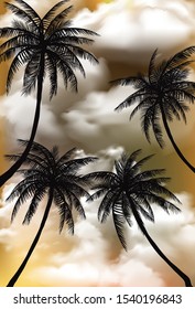 Beautiful view of coconut palm trees with sunset time