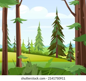 Beautiful view from the coniferous forest to rural fields. Summer landscape with trees. Green pines and ate. Illustration in cartoon style flat design. Vector.