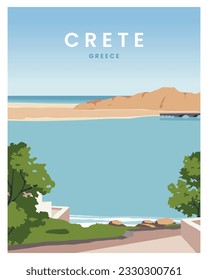 Beautiful view Crete Greece. travel poster illustration with colored style.