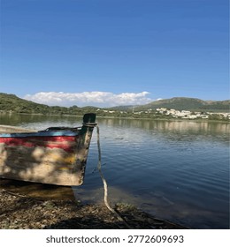 beautiful view of dam with boat and cloudy sky with mountains in the back