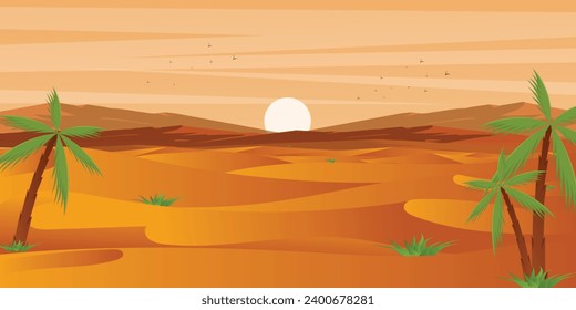 A beautiful view of desert sunrise in modern flat background 