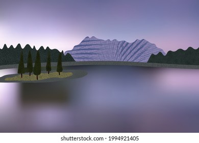 Beautiful view with distant mountain, pine trees and water surface reflection.