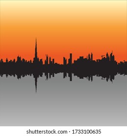 Hermosa vista del edificio de Dubai con efecto de puesta de sol y reflexión usando arte vectorial