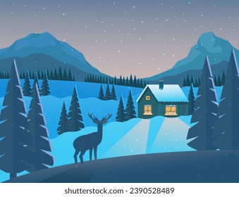 beautiful view during cold winter with mountains in the background a house deer and snow