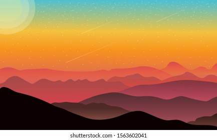Beautiful view of Evening mountain, misty mist on the slopes. Abstract gradient background, vector illustration.
