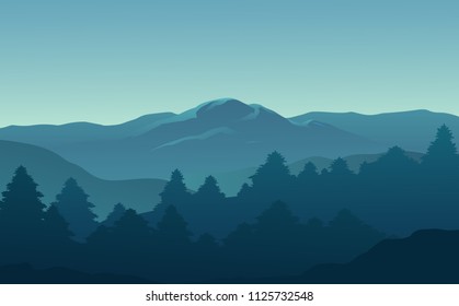 Beautiful view of the forest and mountains in the morning. Vector illustration