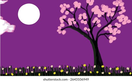 a beautiful view of full moon with purple sky and pink flower