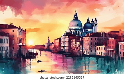 Beautiful view of Grand Canal and Basilica Santa Maria della Salute in Venice, Italy by Watercolor painting.
