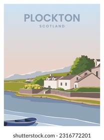 Beautiful view with house and lake of Plockton in Scotland.
vector illustration landscape for travel poster, poscard, card, print. 