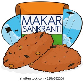 Schöner Blick auf den indischen Himmel voll mit fliegenden Drachen und eine köstliche Probe von Masala Vadas serviert in einer Serviette wie Indien Flagge zu feiern Makar Sankranti Festival.