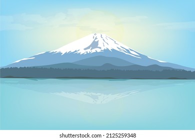 Beautiful view of Japan : Fuji mountain behind a blue lake view