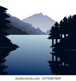 beautiful view of the lake surrounded by forests and mountains, vector illustration, flat design, beautiful background