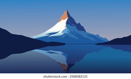 
Bela vista da montanha Matterhorn refletida em um lago sereno, mostrando a beleza da natureza e tranquilidade ilustração vetor plana.