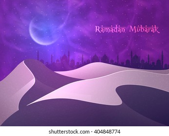 Schöne Aussicht auf die Moschee in der Wüste auf nächtlichem Hintergrund für den islamischen Heiligen Monat der Gebete, Ramadan Kareem Feier.