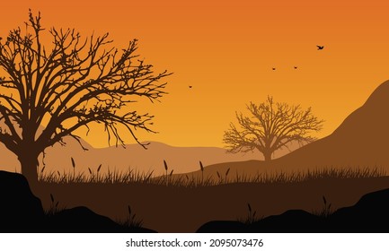A beautiful view of the mountain from the edge of the rural rice fields at dusk in the afternoon. Vector illustration of a city