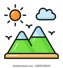 A beautiful view of the mountain landscape. Mountain and sun denoting icon of hill station in trendy style