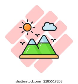 A beautiful view of the mountain landscape. Mountain and sun denoting icon of hill station in trendy style