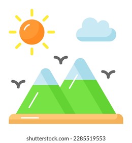 A beautiful view of the mountain landscape. Mountain and sun denoting icon of hill station in trendy style