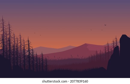 The beautiful view of the mountains from the countryside at dusk in the afternoon. Vector illustration of a city