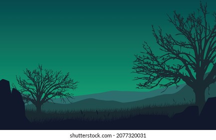 A beautiful view of the mountains from the countryside at night with beautiful dry tree silhouettes. Vector illustration of a city