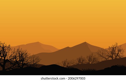 Beautiful view of the mountains at dusk from the edge of the city with the silhouettes of dry trees around it. Vector illustration of a city