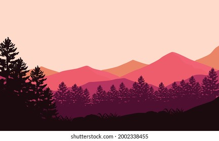 a beautiful view of the mountains in the evening at sunset from the edge of the city. Vector illustration of a city