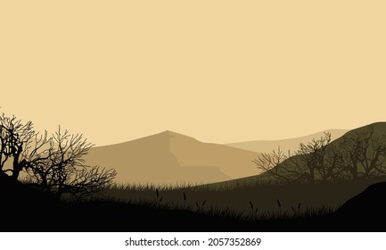 Beautiful view of the mountains in the evening from the village with the silhouette of dry tree branches around it. Vector illustration of a city