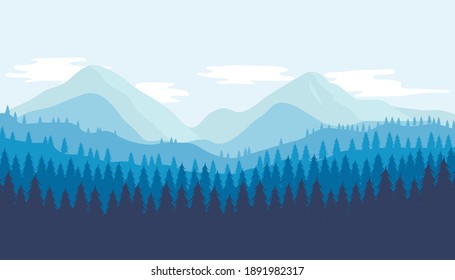 Beautiful view of mountains and forest. Flat design vector