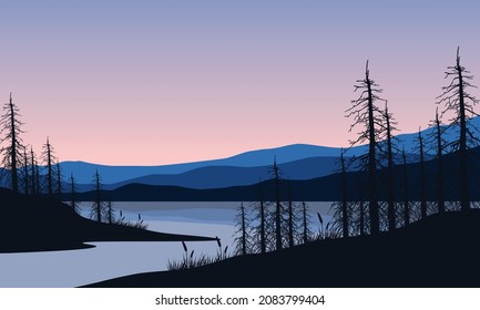 The beautiful view of the mountains from the lakeside at dusk with the silhouette of dry trees around it. Vector illustration of a city