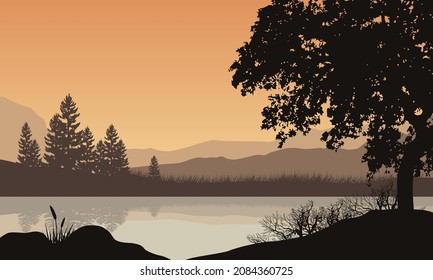 Beautiful view of the mountains from the lakeside at dusk in the afternoon. Vector illustration of a city
