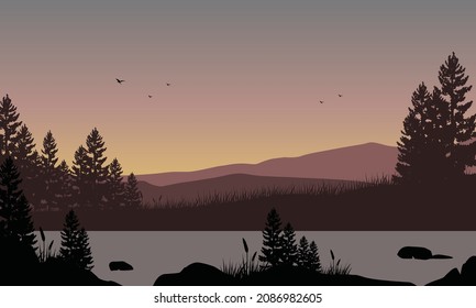 The beautiful view of the mountains from the lakeside at dusk with the silhouettes of pine trees around it. Vector illustration of a city
