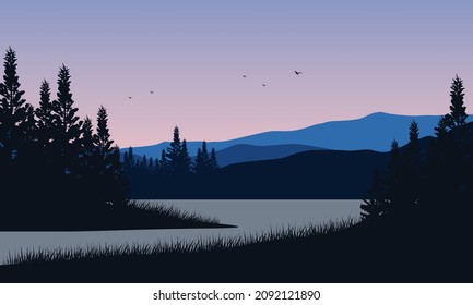 The beautiful view of the mountains from the lakeside at dusk with the silhouette of the trees around it. Vector illustration of a city