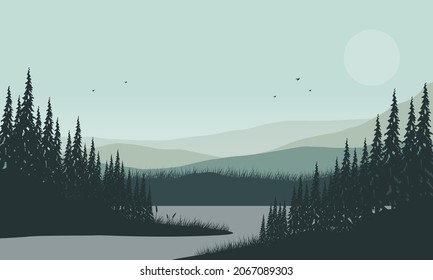 Beautiful view of the mountains from the lakeside at sunrise with the silhouette of the pine trees around it. Vector illustration of a city