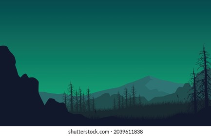 The beautiful view of the mountains at night from the edge of the city with the aesthetically pleasing silhouette of dry trees . Vector illustration of a city