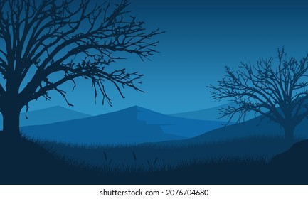 Beautiful view of the mountains from the out of the city at night with aesthetically dry tree silhouettes. Vector illustration of a city