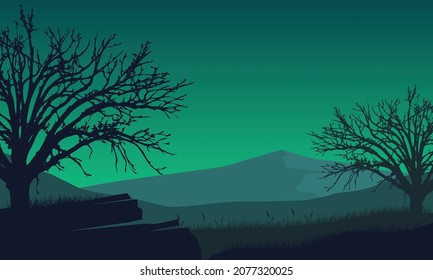 The beautiful view of the mountains from the out of the city at night. Vector illustration of a city
